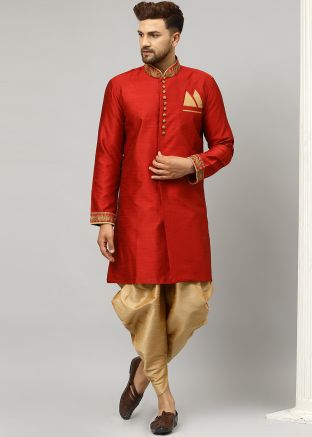 Maroon Readymade Mens Embroidered Sherwani In Silk