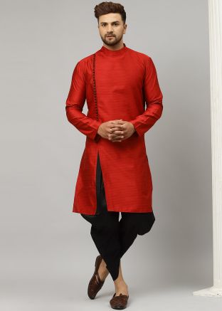 Angrakha Style Mens Maroon Dhoti Kurta In Silk