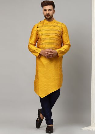 Yellow Readymade Mens Asymmetric Kurta With Churidar