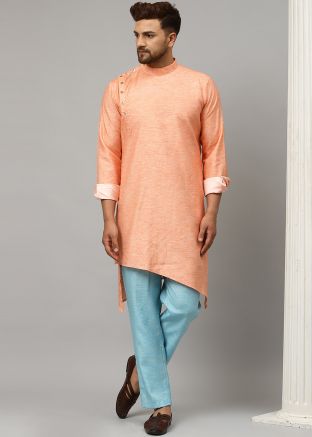 Peach Asymmetric Mens Kurta With Readymade Pajama
