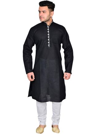 Readymade Black Dupion Silk Kurta Churidar Set