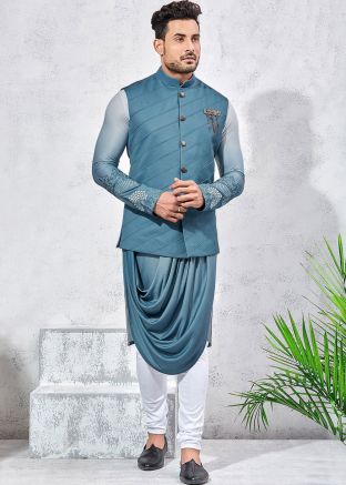 Blue Embroidered Readymade Cowl Kurta Churidaar Set