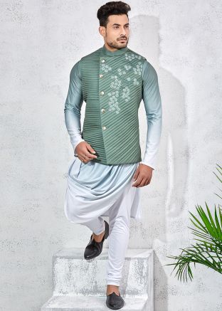 Green Readymade Kurta Set With Embroidered Jacket