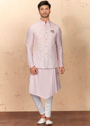 Readymade Pink Kurta Pyjama With Jacket Set