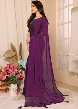 Purple Chiffon Saree In Stone Work