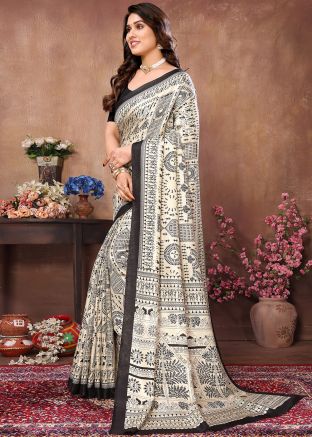 Cream Printed Cotton Saree