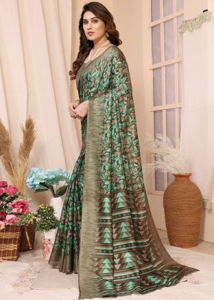 Green Floral Printed Cotton Saree