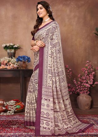 Cream Cotton Saree In Printed Work
