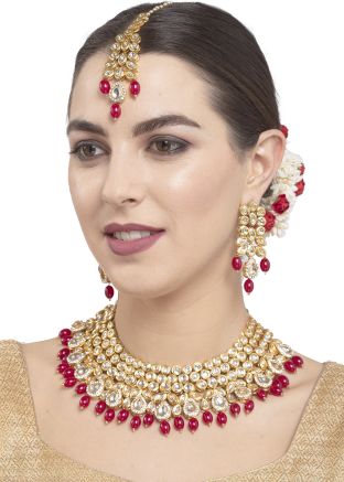 Red & White Studded Bridal Necklace Set