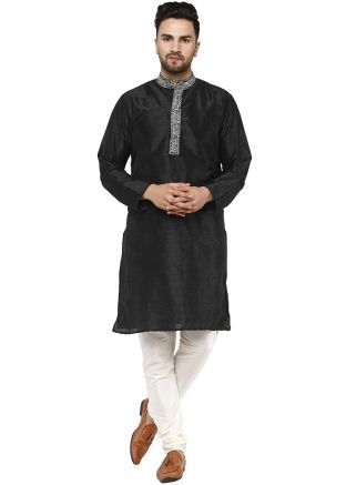 Readymade Black Dupion Silk Kurta Churidar Set