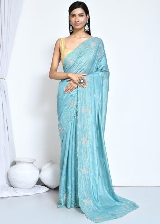 Pastel Blue Embroidered Crape Saree & Blouse
