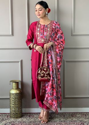 Magenta Readymade Embroidered Salwar Suit Set