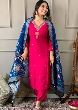 Red Embroidered Viscose Readymade Pant Suit