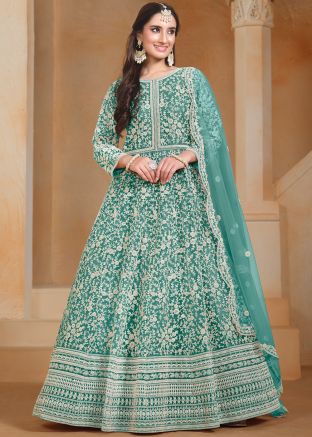 Sea Green Embroidered Net Anarkali Suit