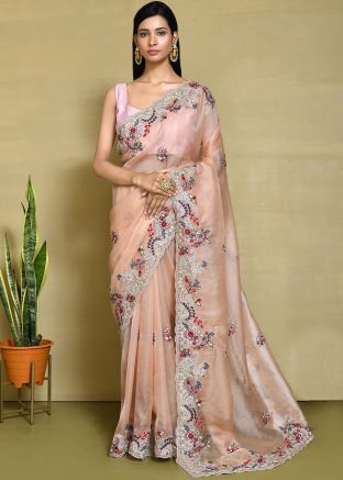 Peach Embroidered Border Organza Saree