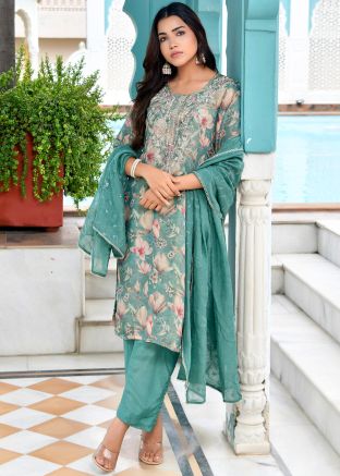 Teal Green Floral Print Salwar Suit Set In Tissue