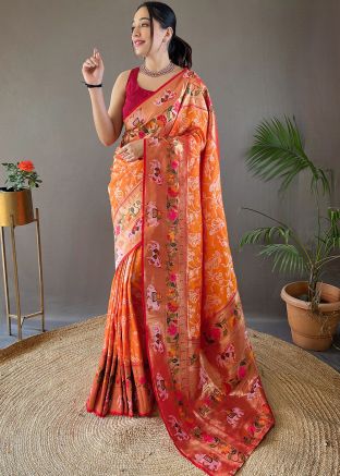 Orange Woven Work Saree & Blouse