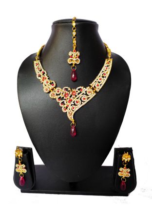 Pink Stone Studded Alloy Based Necklace Set