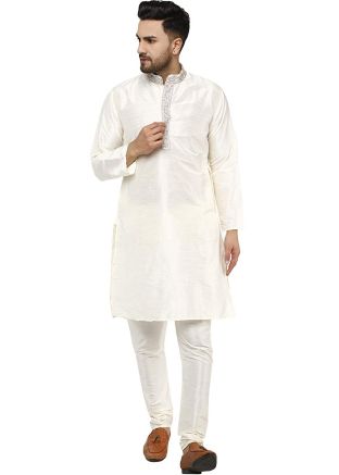 White Readymade Dupion Silk Kurta Churidar Set