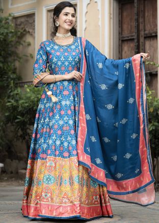 Blue  Digital Printed Art Silk Anarkali Suit 