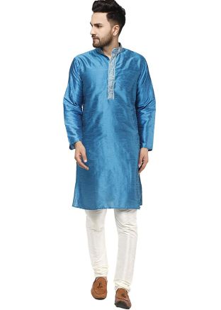 Blue Dupion Silk Readymade Kurta With Churidar