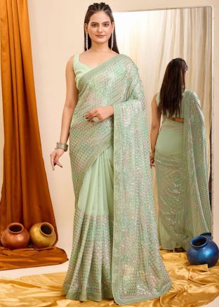 Green Sequins Work Georgette Saree