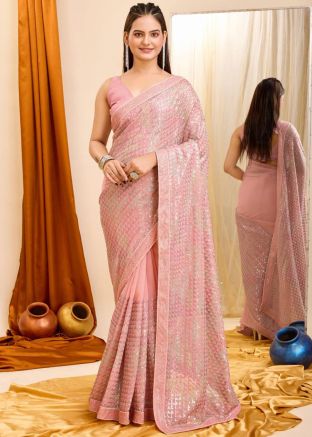 Peach Georgette Saree In Sequins Work