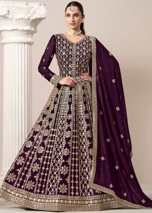 Wine Dori Embroidered Abaya Suit In Georgette