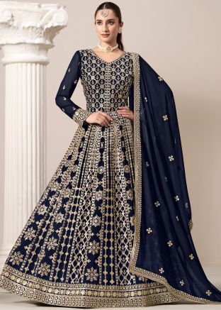 Navy Blue Georgette Abaya Suit In Dori Embroidery