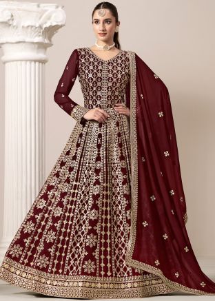 Maroon Dori Embroidered Georgette Abaya Suit Set