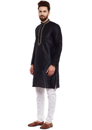 Black Dupion Silk Embroidered Kurta Churidar Set