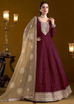 Wine Dori Embroidered Abaya Style Suit In Chanderi Silk