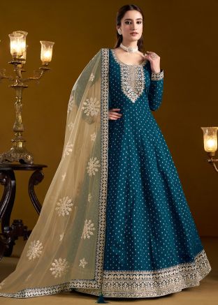 Teal Blue Chanderi Silk Abaya Style Suit In Dori Embroidery