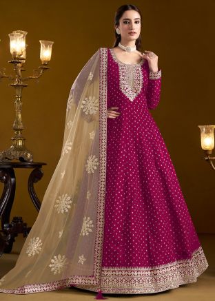 Magenta Dori Embroidered Chanderi Silk Abaya Style Suit