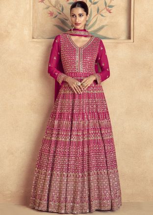 Pink Readymade Embroidered Georgette Abaya Style Suit