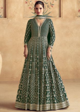Green Readymade Embroidered Abaya Style Suit In Georgette
