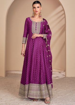 Magenta Readymade Woven Anarkali Suit