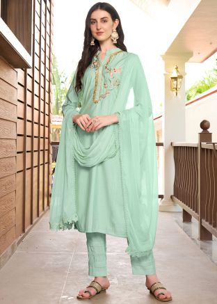 Readymade Light Green Embroidered Pant Suit In Art Silk