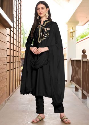 Readymade Black Embroidered Pant Suit In Art Silk