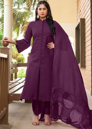 Readymade Purple Cut Work Pant Suit In Art Silk