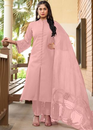 Readymade Dusty Pink Cut Work Pant Suit In Art Silk