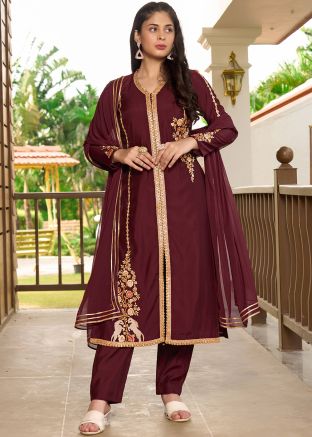 Maroon Readymade Embroidered Art Silk Pant Suit