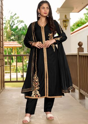 Black Readymade Embroidered Art Silk Pant Suit