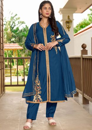 Blue Readymade Embroidered Art Silk Pant Suit