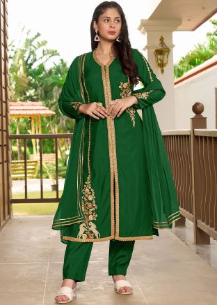Green Readymade Embroidered Art Silk Pant Suit
