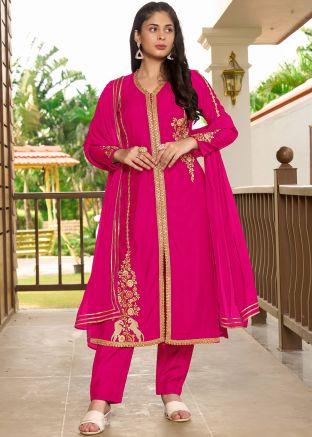 Pink Readymade Embroidered Art Silk Pant Suit