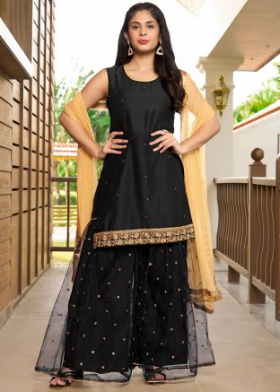 Readymade Black Embroidered Sharara Suit Set