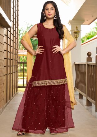 Readymade Maroon Embroidered Sharara Suit Set