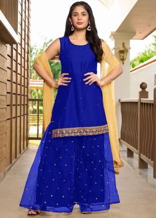Readymade Blue Embroidered Sharara Suit Set