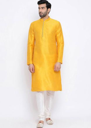 Yellow Dupion Silk Kurta With Churidar